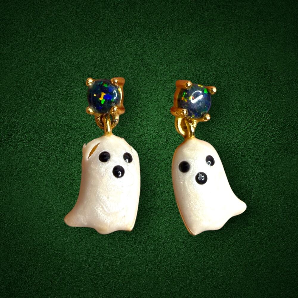 Ghost Dangle Earrings Sterling Silver 925 Faux Fire Opal Halloween Spooky